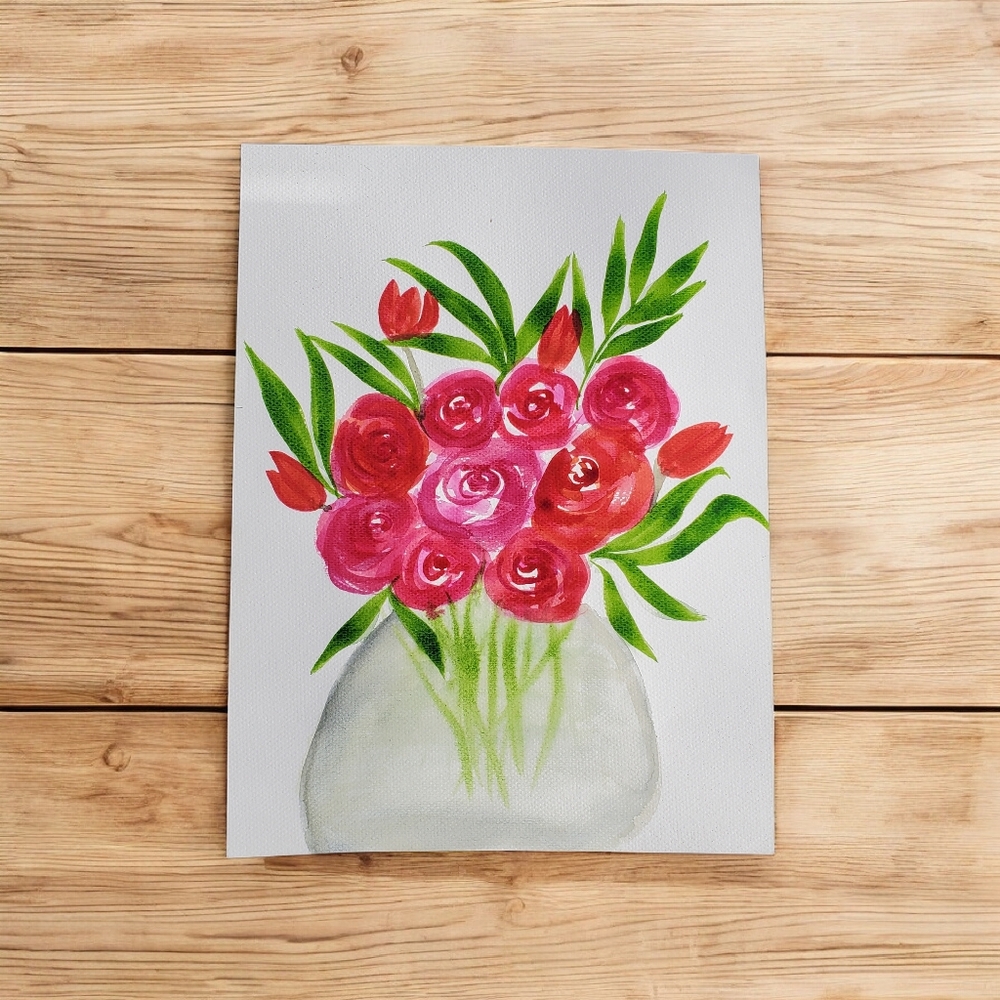 Floral Art Painting with Pink and Green Accents.  12 X 9in.
